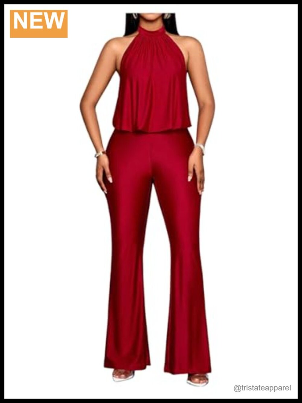 Halter Sleeveless Jumpsuit Flowy Overlay Wide Leg Formal Women's